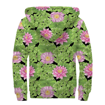 Cute Water Lily Pattern Print Sherpa Lined Zip Up Hoodie
