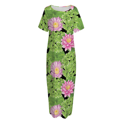 Cute Water Lily Pattern Print Short Sleeve Long Nightdress