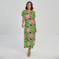 Cute Water Lily Pattern Print Short Sleeve Maxi Dress