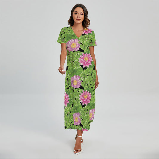 Cute Water Lily Pattern Print Short Sleeve Maxi Dress