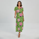 Cute Water Lily Pattern Print Short Sleeve Maxi Dress