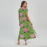 Cute Water Lily Pattern Print Short Sleeve Maxi Dress