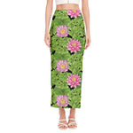 Cute Water Lily Pattern Print Side Slit Maxi Skirt