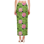 Cute Water Lily Pattern Print Side Slit Maxi Skirt