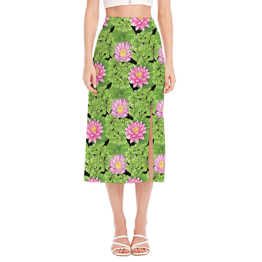 Cute Water Lily Pattern Print Side Slit Midi Skirt