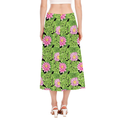 Cute Water Lily Pattern Print Side Slit Midi Skirt