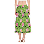 Cute Water Lily Pattern Print Side Slit Midi Skirt
