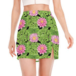 Cute Water Lily Pattern Print Side Slit Mini Skirt