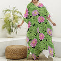 Cute Water Lily Pattern Print Silk V-Neck Kaftan Dress