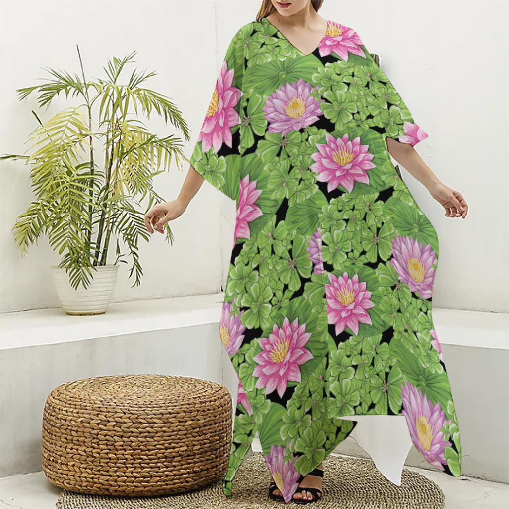 Cute Water Lily Pattern Print Silk V-Neck Kaftan Dress