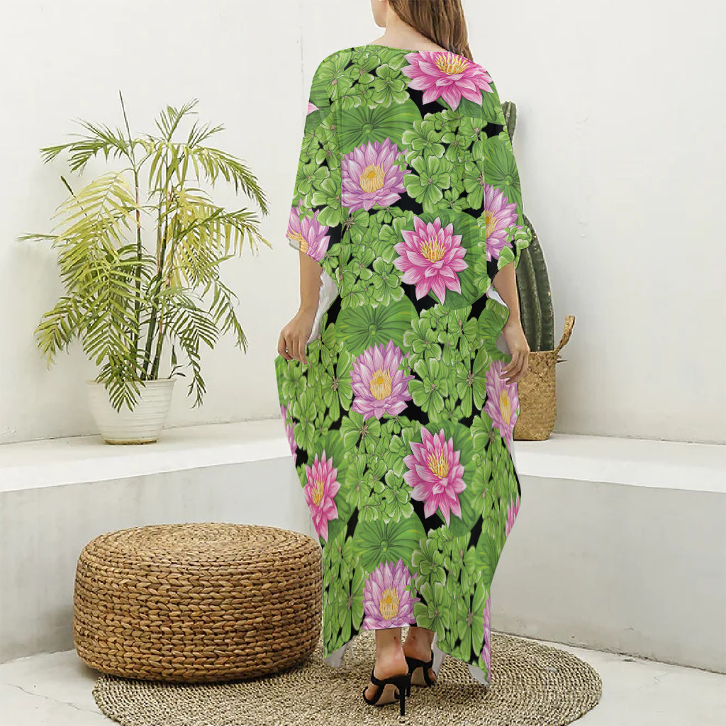 Cute Water Lily Pattern Print Silk V-Neck Kaftan Dress