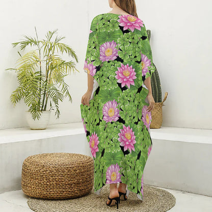 Cute Water Lily Pattern Print Silk V-Neck Kaftan Dress