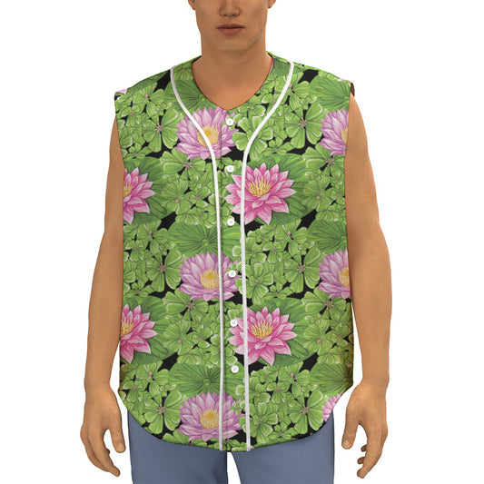 Cute Water Lily Pattern Print Sleeveless Baseball Jersey