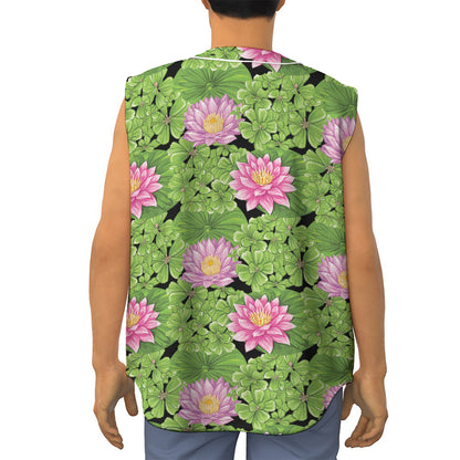 Cute Water Lily Pattern Print Sleeveless Baseball Jersey
