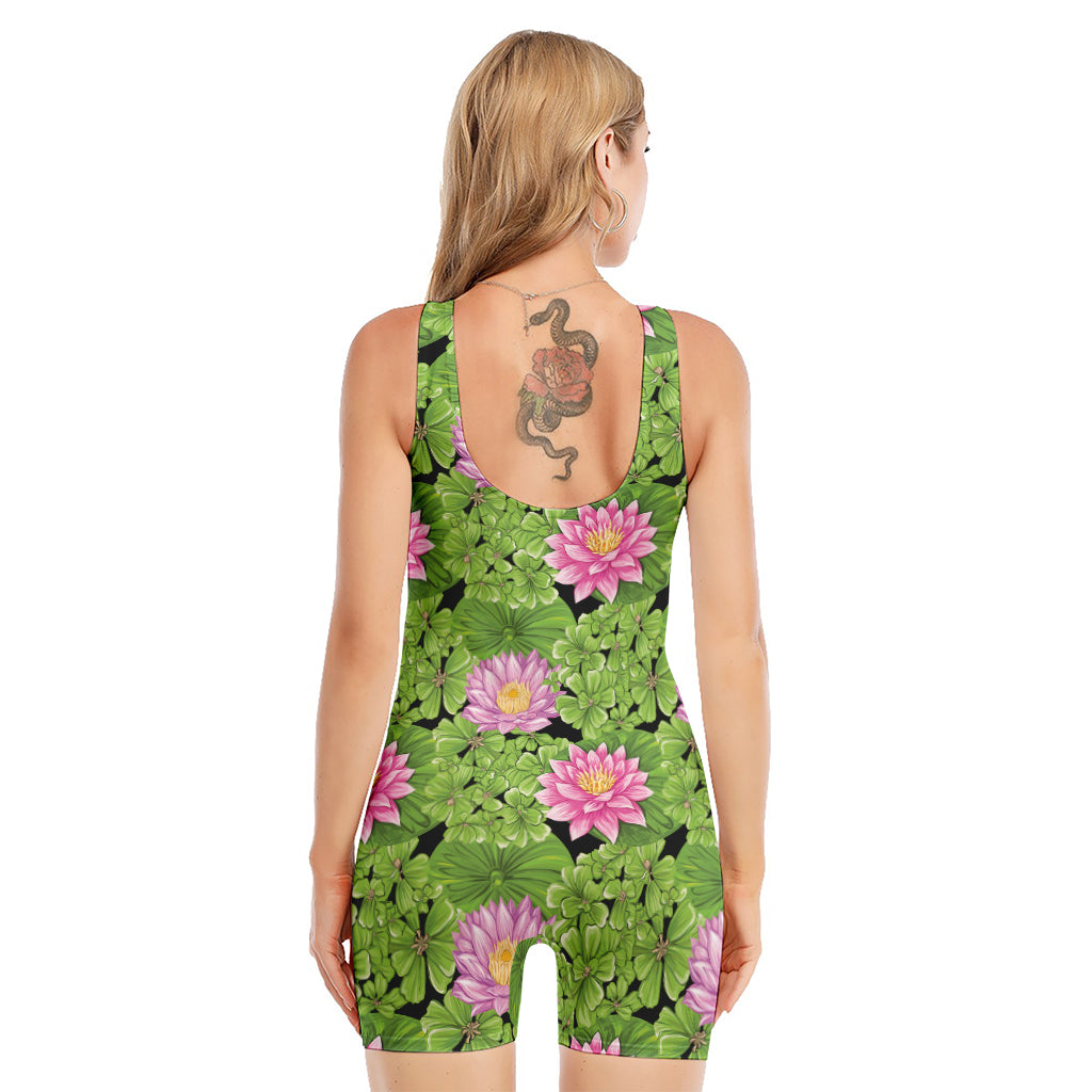 Cute Water Lily Pattern Print Sleeveless One Piece Swimsuit