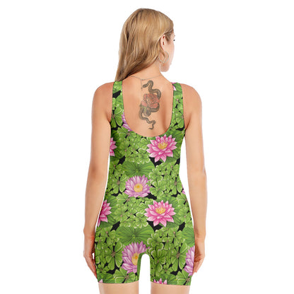 Cute Water Lily Pattern Print Sleeveless One Piece Swimsuit