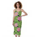 Cute Water Lily Pattern Print Slim Fit Midi Cami Dress