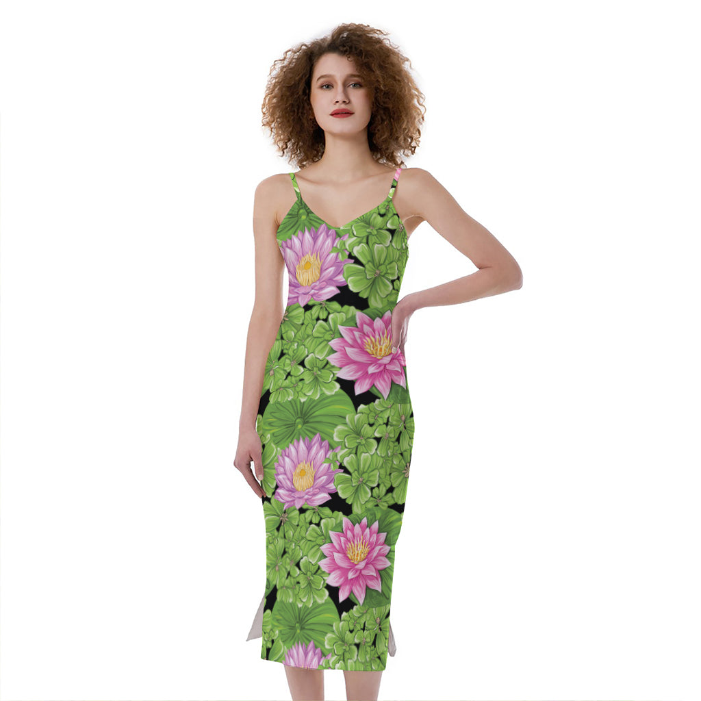 Cute Water Lily Pattern Print Slim Fit Midi Cami Dress