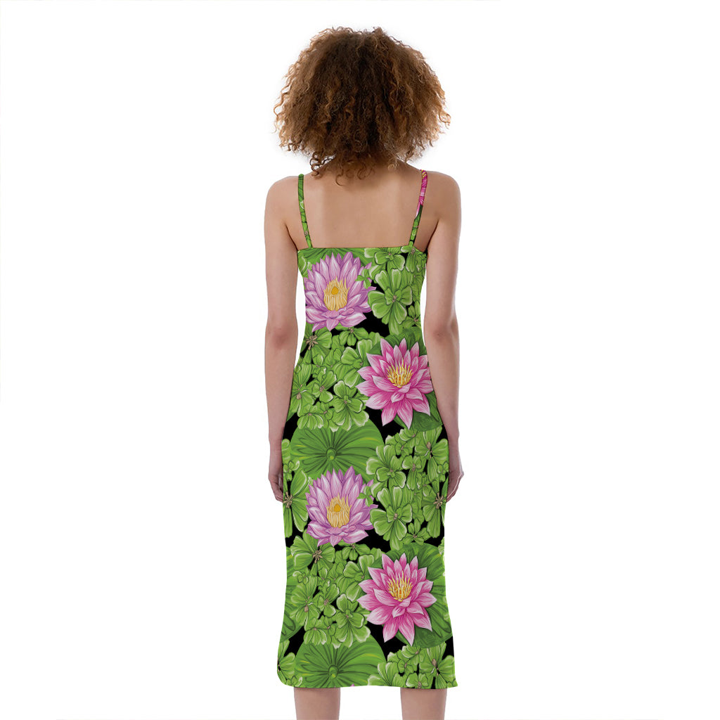 Cute Water Lily Pattern Print Slim Fit Midi Cami Dress