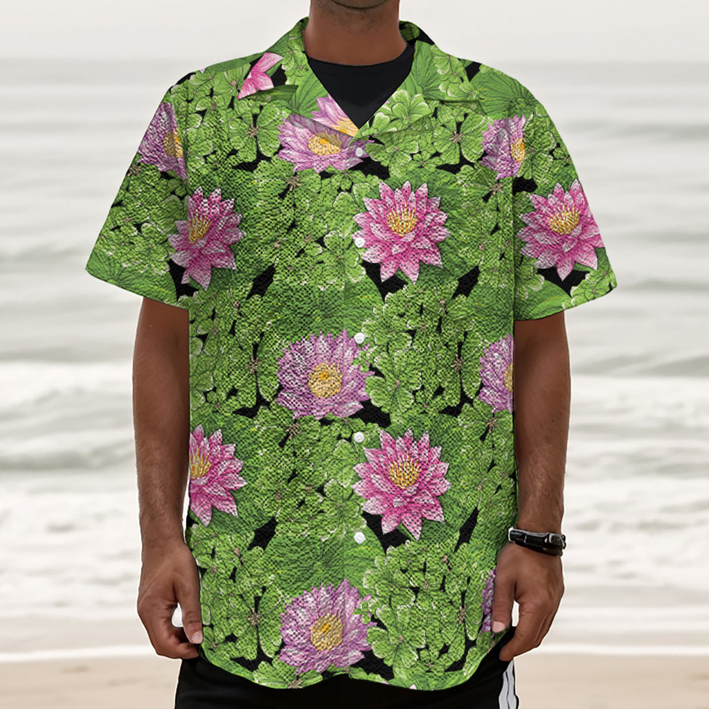 Cute Water Lily Pattern Print Textured Short Sleeve Shirt