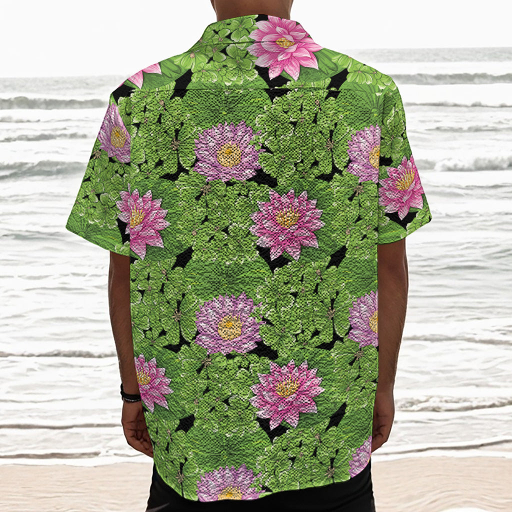 Cute Water Lily Pattern Print Textured Short Sleeve Shirt