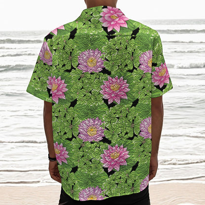 Cute Water Lily Pattern Print Textured Short Sleeve Shirt