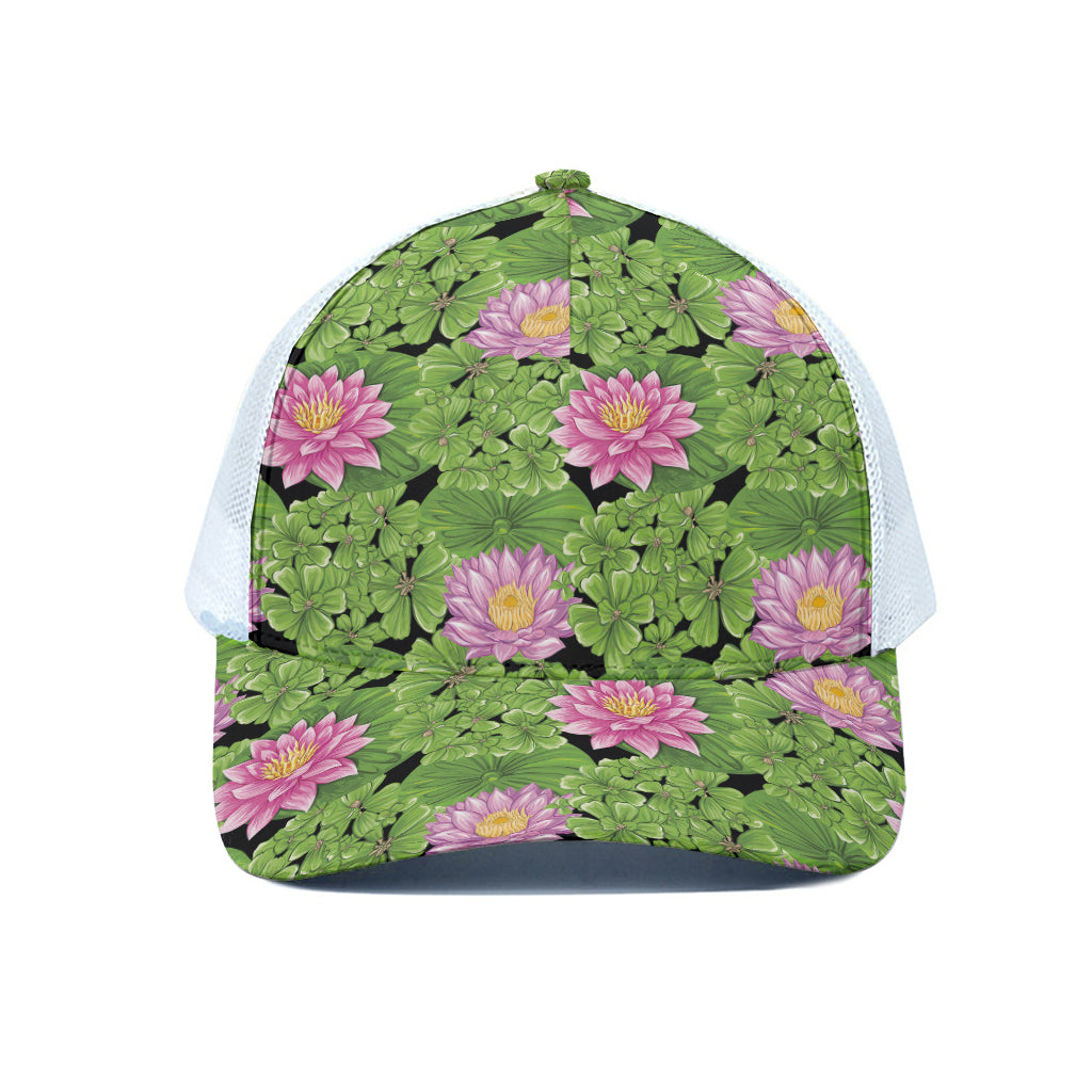 Cute Water Lily Pattern Print White Mesh Trucker Cap