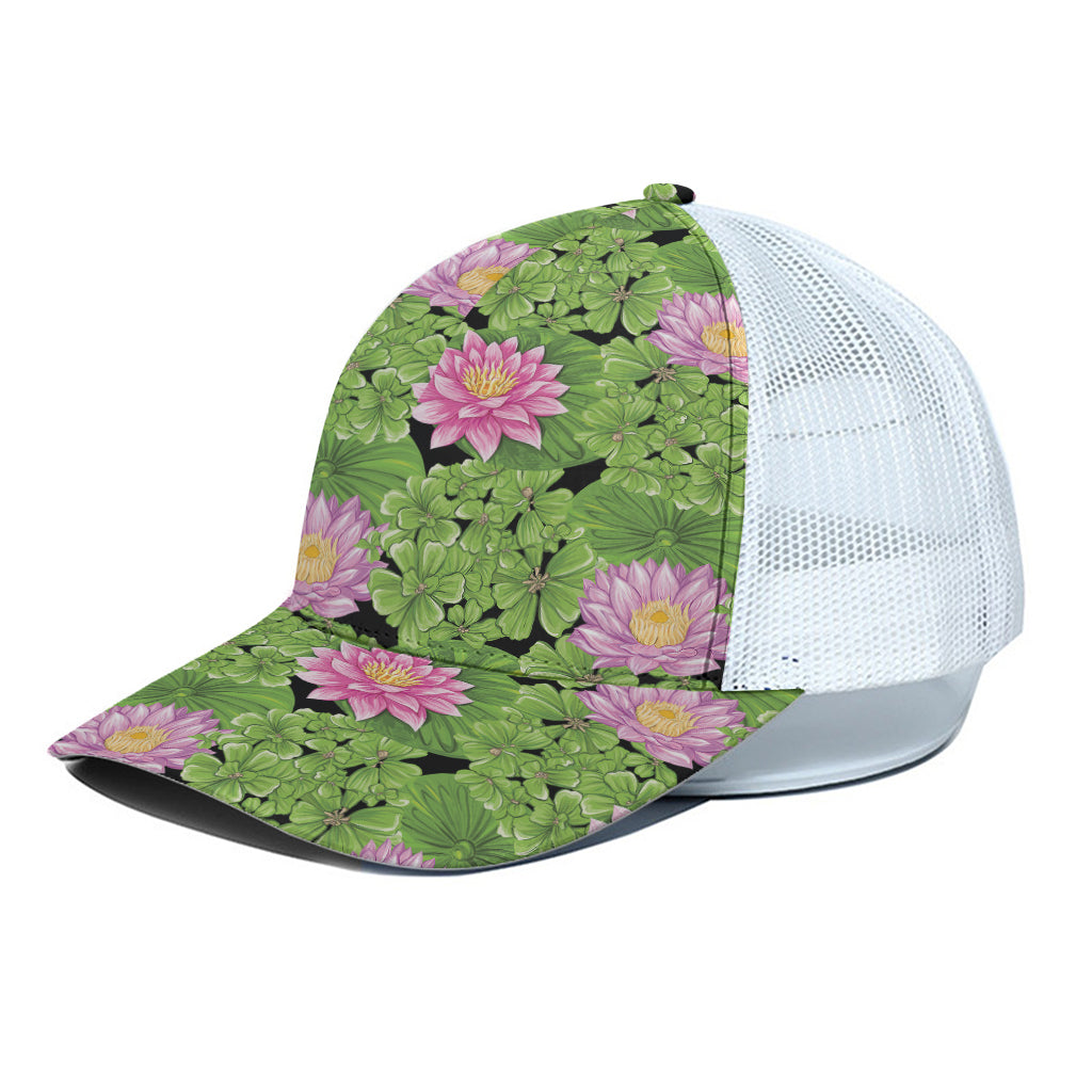 Cute Water Lily Pattern Print White Mesh Trucker Cap