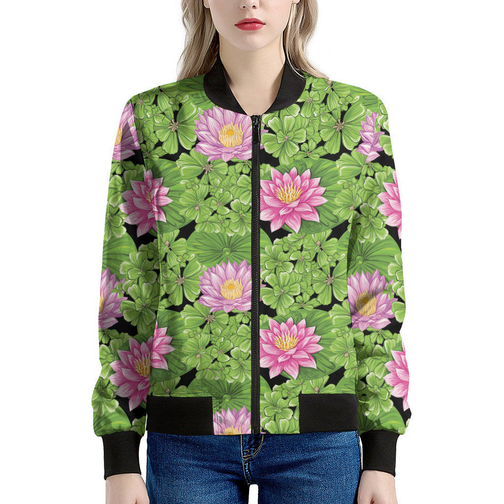 Cute Water Lily Pattern Print Women's Bomber Jacket