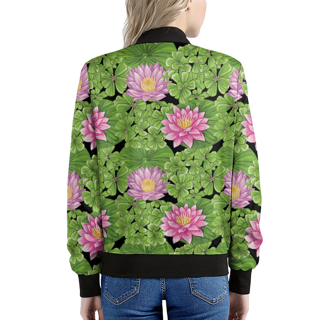 Cute Water Lily Pattern Print Women's Bomber Jacket