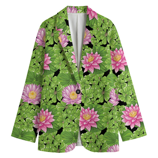 Cute Water Lily Pattern Print Women's Cotton Blazer