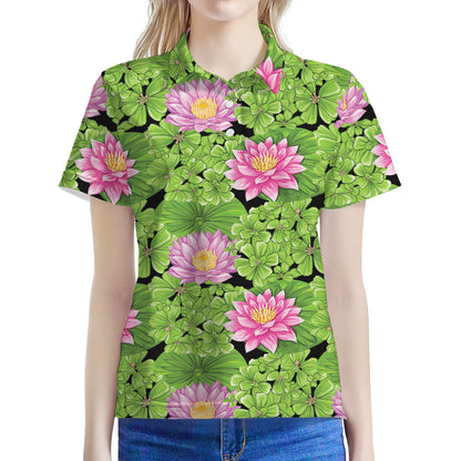 Cute Water Lily Pattern Print Women's Polo Shirt