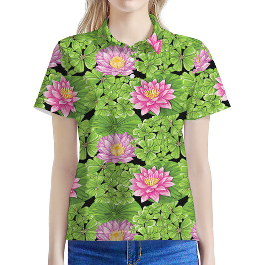 Cute Water Lily Pattern Print Women's Polo Shirt