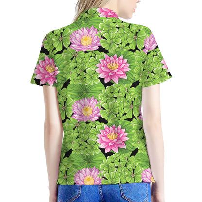 Cute Water Lily Pattern Print Women's Polo Shirt