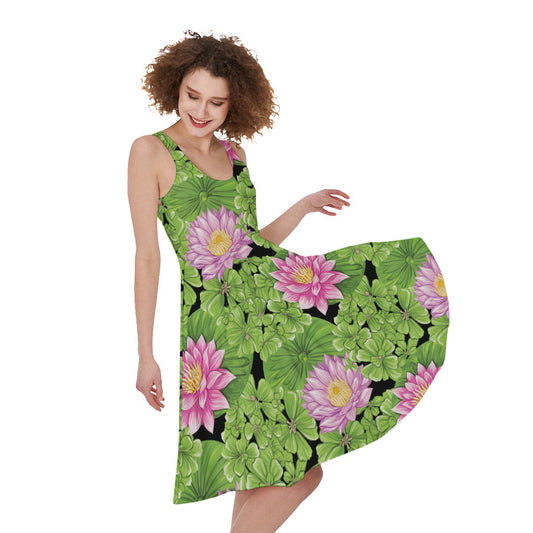 Cute Water Lily Pattern Print Women's Sleeveless Dress