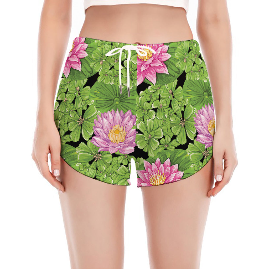 Cute Water Lily Pattern Print Women's Split Running Shorts