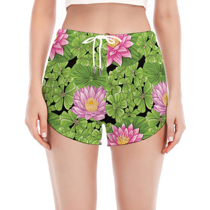 Cute Water Lily Pattern Print Women's Split Running Shorts