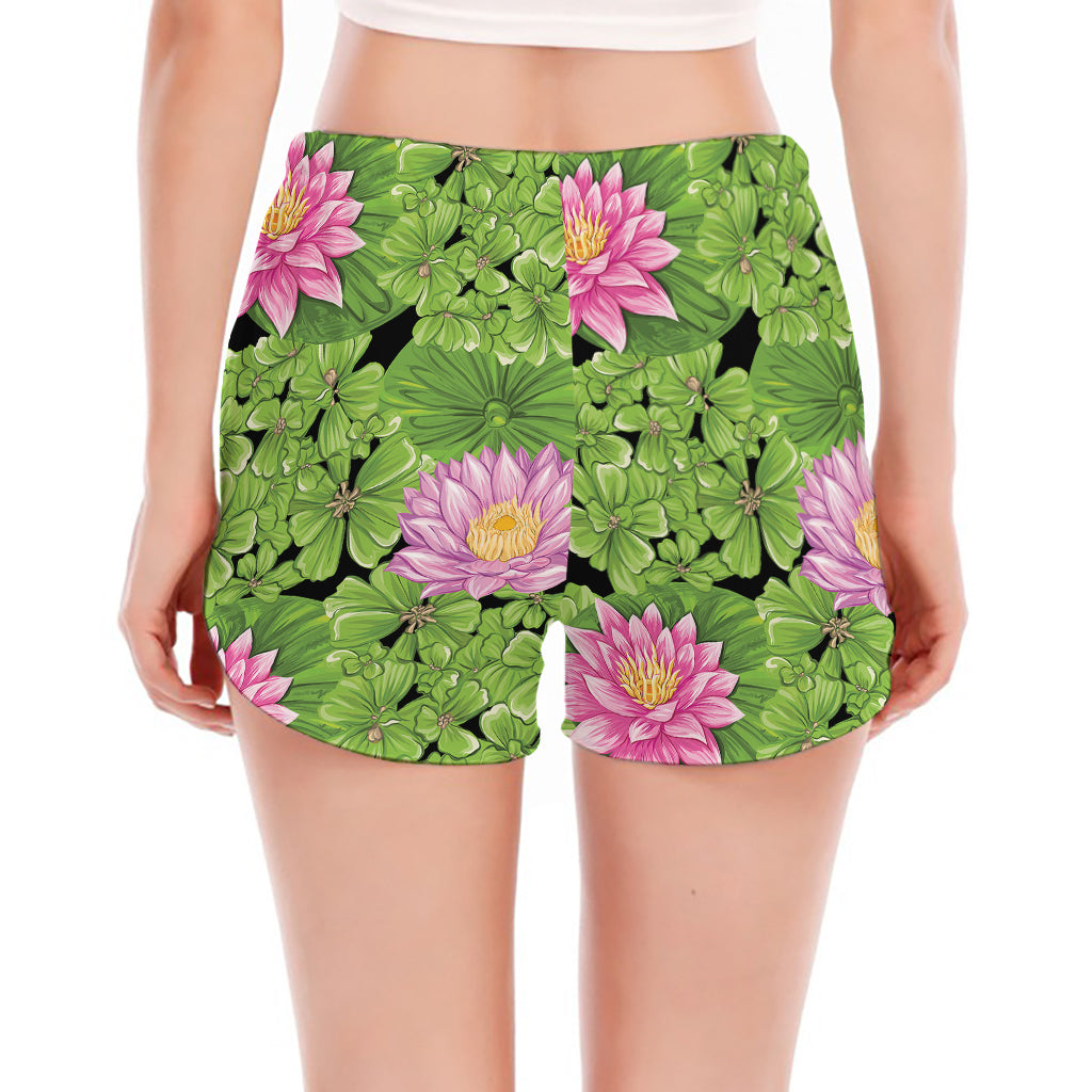 Cute Water Lily Pattern Print Women's Split Running Shorts