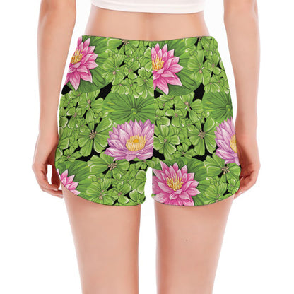 Cute Water Lily Pattern Print Women's Split Running Shorts