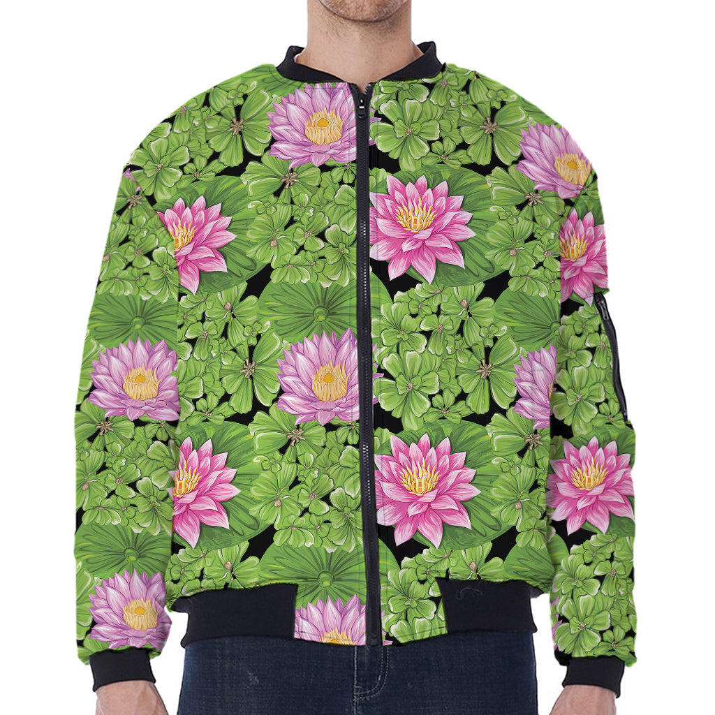 Cute Water Lily Pattern Print Zip Sleeve Bomber Jacket