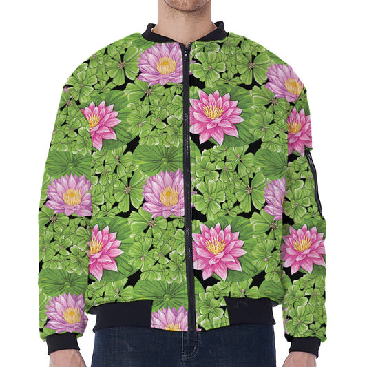 Cute Water Lily Pattern Print Zip Sleeve Bomber Jacket