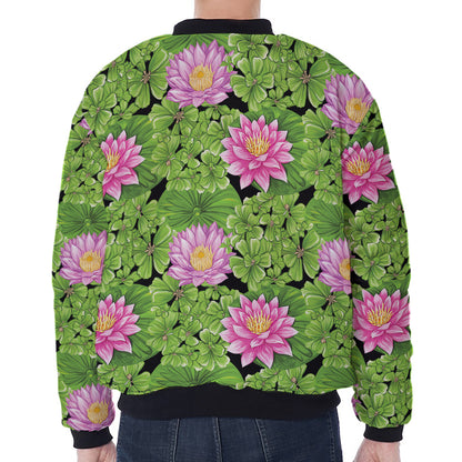 Cute Water Lily Pattern Print Zip Sleeve Bomber Jacket