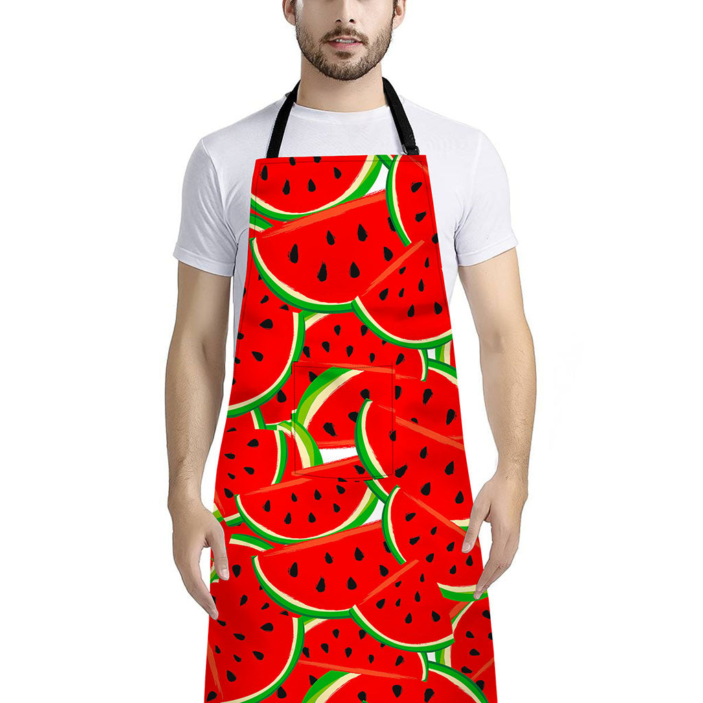 Cute Watermelon Pieces Pattern Print Bib Apron With Pocket