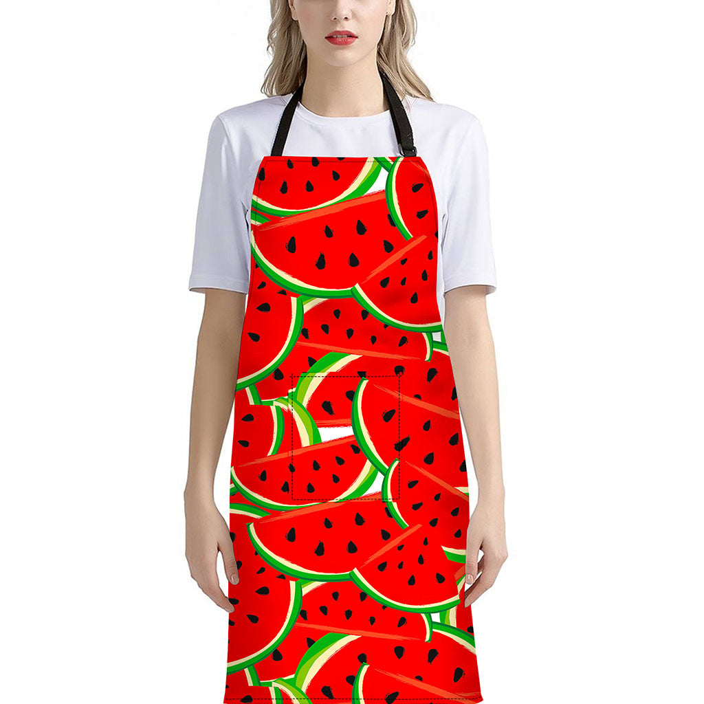 Cute Watermelon Pieces Pattern Print Bib Apron With Pocket
