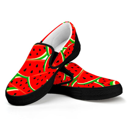Cute Watermelon Pieces Pattern Print Black Slip On Sneakers