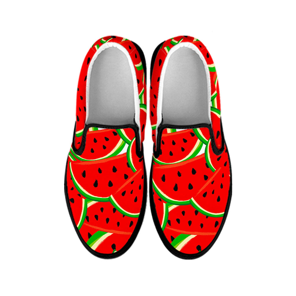 Cute Watermelon Pieces Pattern Print Black Slip On Sneakers