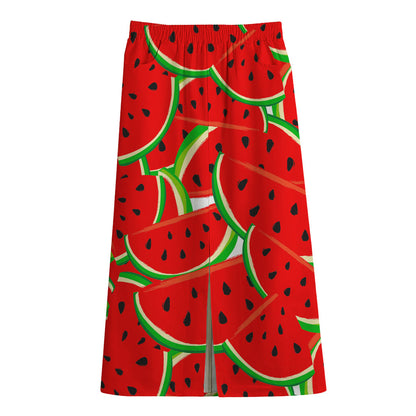 Cute Watermelon Pieces Pattern Print Cotton Front Slit Maxi Skirt