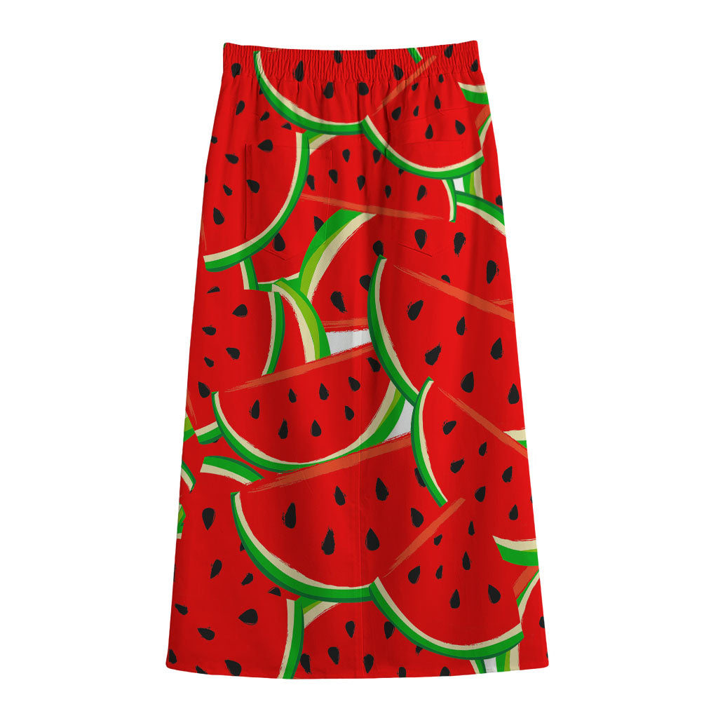 Cute Watermelon Pieces Pattern Print Cotton Front Slit Maxi Skirt
