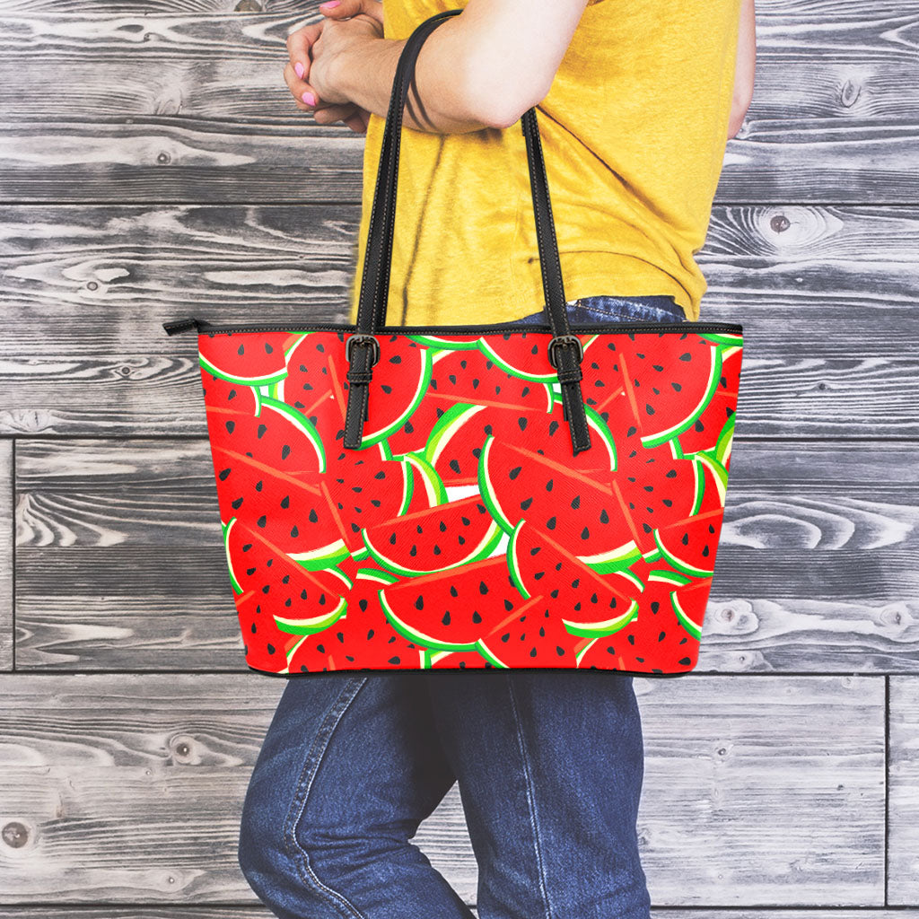Cute Watermelon Pieces Pattern Print Leather Tote Bag