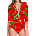 Cute Watermelon Pieces Pattern Print Long Sleeve Swimsuit